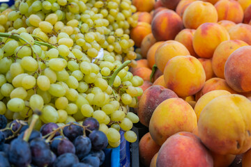 White ripe fresh grapes on a store counter next to blue grapes, peaches. A man's hand takes a sample of a grape berry