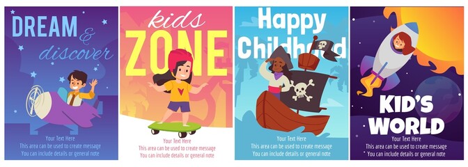 Posters or cards with kids driving various vehicles flat vector illustration.