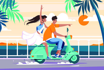 Fototapeta premium Flat Man and Woman Couple Riding on Motorbike