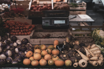 Vegetables counter on farmers market