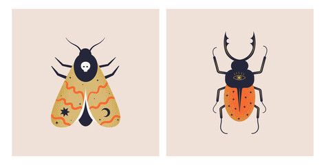 Mystical abstract moth and stag beetle with celestial symbols of stars and moon. Spiritual wicca insects for print, card, poster, design. Boho style night butterfly and bug vector illustration