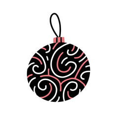 Obraz premium Multi-colored Christmas tree toy ball with different lines and in a simple doodle style. Vector illustration object isolated on white background.