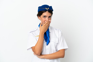 Airplane stewardess caucasian woman isolated on white background surprised and shocked while looking right