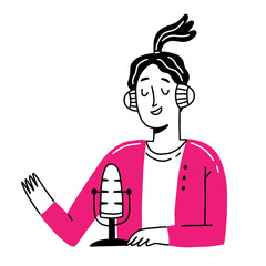 Happy girl in headphones speaks into the microphone. A female character speaks into a microphone. Vector illustration in line doodle style.