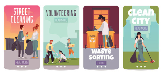 Social environmental volunteering banners set, flat vector illustration.