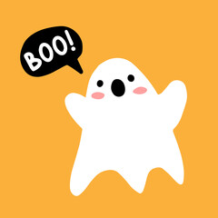 Cute scary ghost on a yellow background with boo lettering. Vector illustration of a card with a ghostly character isolated on background.