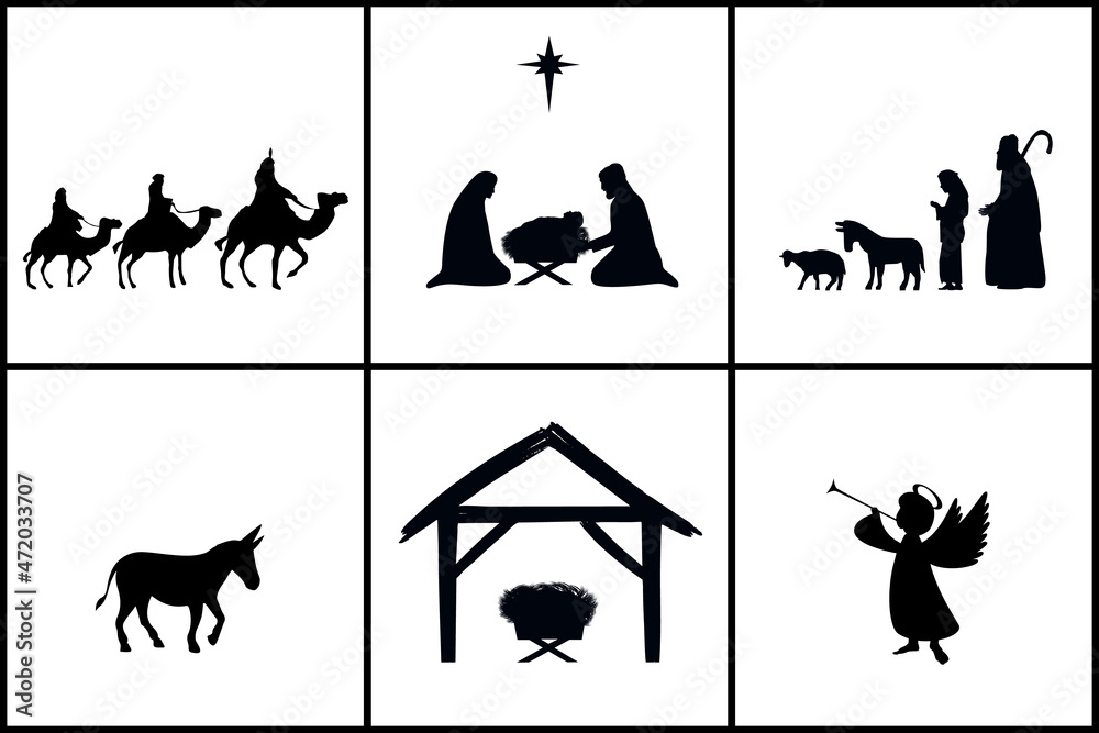 Wall mural Holiday set silhouettes Christmas christian Nativity. Bible story Mary Joseph and baby Jesus in a manger, star of Bethlehem, three wise men, shepherds, angel. Religious vector greeting card