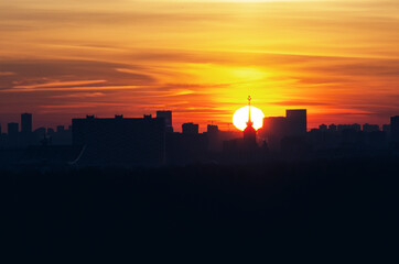 RUSSIA, MOSCOW: Scenic sunrise landscape view of the city garden with Ostankino tower