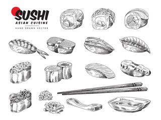 Big collection of hand drawn Japanese sushi sketch vector illustration isolated. © sabelskaya