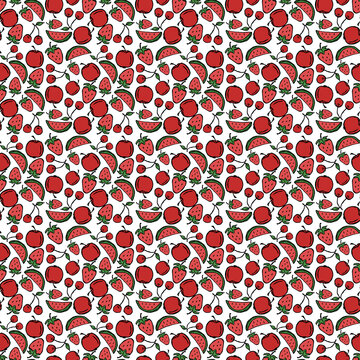 Vector Apple, Cherry, Watermelon, Strawberry Icons. Colored Seamless Pattern With Red Food Icons. 