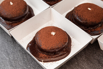 Molten chocolate lava cake with dark chocolate sauce