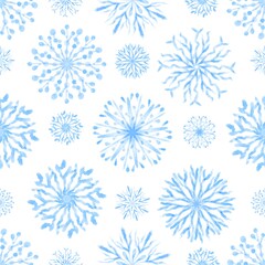 Fototapeta na wymiar Winter seamless pattern with blue Watercolor Snowflakes. Hand drawn festive Christmas background.