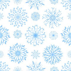 Fototapeta premium Winter seamless pattern with blue Watercolor Snowflakes. Hand drawn festive Christmas background.