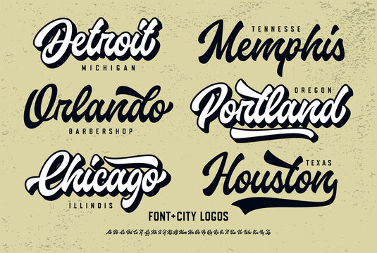 Original Retro Script Font and City Logos. Vector