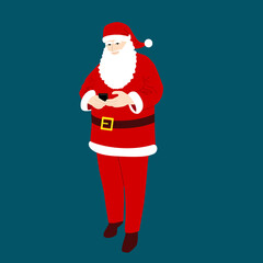 Big Santa Claus in traditional costume with a mobile phone in his hands. Santa might be ordering things or getting directions. Vector cartoon illustration.