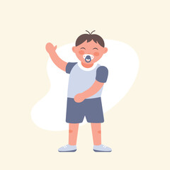 Cute boy waving hand. Little korean kid with a pacifier. Happy child in blue t-shirt and blue shorts. Vector flat illustration isolated.
