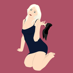 Vector girl sits on the floor in a dark blue short dress and holds high-heeled shoes in her hand. The woman has loose white long hair. Realistic flat style.