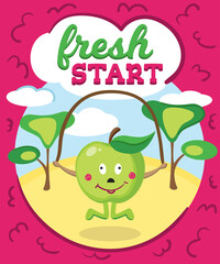 Cartoon character apple jumping rope. Fresh start for sports. Healthy lifestyle and nature food. Funny apple. 
