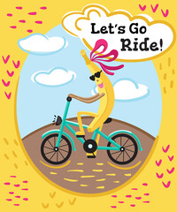 Fototapeta premium Let's go ride! Greeting card banana. Cartoon character riding a bike. Banana plays sports. Motivational poster. Healthy lifestyle background. Bright image. Eating healthy and fitness. 