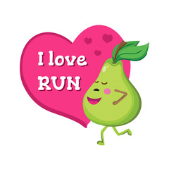 Cartoon pear is engaged in running.  Sports poster. I love run phrase