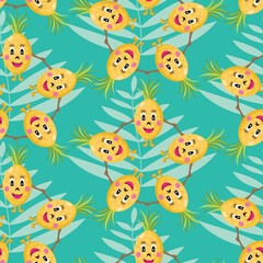 Seamless tropical pattern with funny pineapples