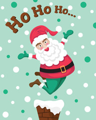 Santa Claus jumping from chimney on the roof. Winter holiday illustration. Christmas gift card. the cartoon story