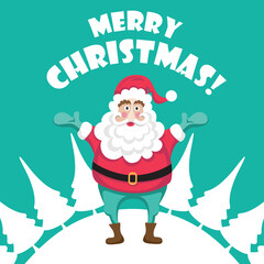 Merry Christmas vector card with funny Christmas character. Funny Christmas postcard with Santa Claus. Vector illustration. Christmas card design with Santa Claus 