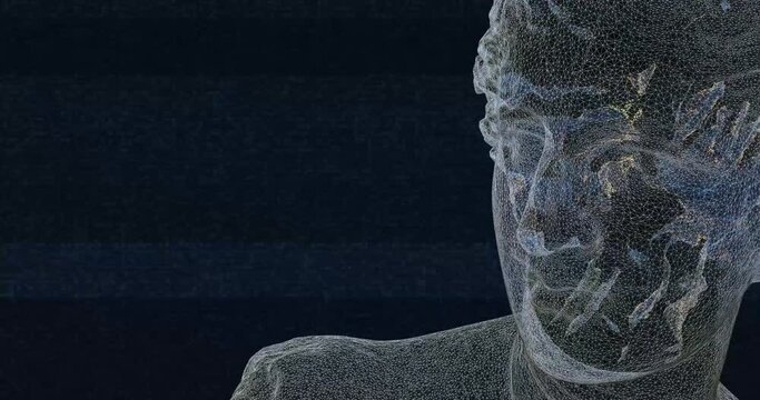Classic statue in wireframe with black background and thin lines. Digital art concept with old statue. Digitalization of cultural heritage concept. Minimal footage