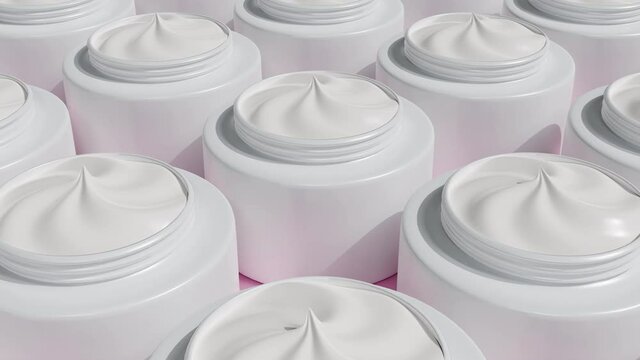 Moisturizing face cream in white bottles moves. Cosmetic products in jar for makeup and skincare. Hyaluronic acid for hydration skin. 3D animation, pattern. Top view.