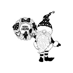 Black and white illustration of line art cartoon gnome holding gift bag. Monochrome Christmas elf.
