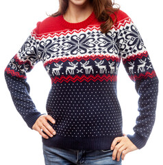 Comfortable and warm woman's knitted Scandinavian style wool sweater with Norwegian knitted pattern...