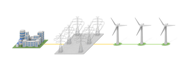 Wind turbines, power lines and cities. A mechanism to send electricity. Renewable energy. Reduce carbon dioxide. The wind rotates the propeller.