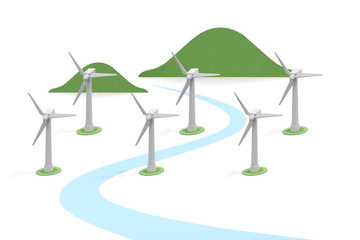 Fototapeta premium Wind turbines, power lines and cities. A mechanism to send electricity. Renewable energy. Reduce carbon dioxide. The wind rotates the propeller.