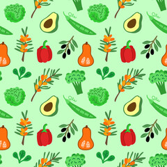 Seamless vector pattern with juicy summer vegetables from your own garden on a green background