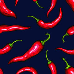 Vector sketch seamless pattern of chili pepper set drawing isolated on white. Engraved style. Ink. natural business. Vintage, retro object for menu, label, recipe, product packaging