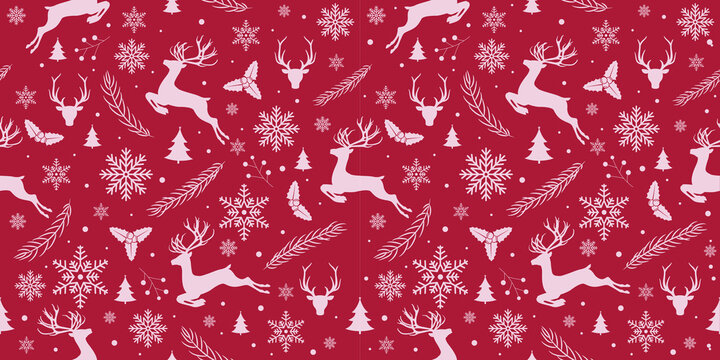 Christmas seamless pattern with snowflakes. Red background for