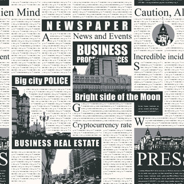 Newspaper seamless pattern with headlines, illustrations and imitation of text. Vector repeating background with black text and grayscale images. Suitable for wallpaper, wrapping paper, fabric design