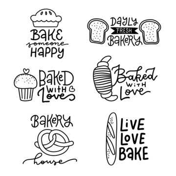 Black on white set of bakery hand lettering logos, badges. Typography design elements, modern calligraphy collection with cookies for prints, posters, packaging. Linear hand drawn vector illustration.