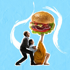 Contemporary art collage of couple, retro dancers holding bit tasty burger isolated over blue...