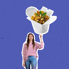 Contemporary art collage of woman pointing at box with Chinese noodles, WOK isolated over blue...