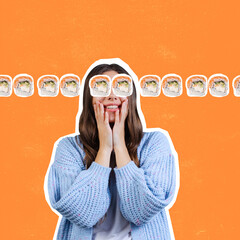 Contemporary art collage of excited young woman and sushi line isolated over orange background. Japanese food lover