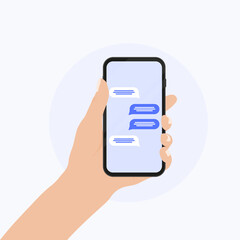 Illustration of hand holding smart phone with text messaging screen