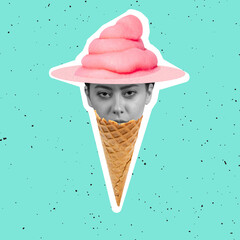 Contemporary art collage of female in shape of ice cream cone with delicious fruity flavored cream taste isolated over green background