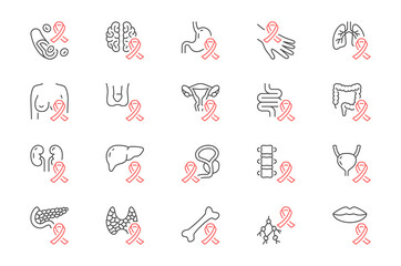 Cancer types line icons. Vector illustration include icon - breast, stomach, respiratory, pancreas, kidney, testicles, uterine outline pictogram for oncology. Black and Red Color, Editable Stroke