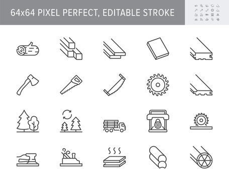 Lumber line icons. Vector illustration include icon - log, plank, polishing grinder, saw, lumberjack, cutting, carpentry outline pictogram for wood cutting. 64x64 Pixel Perfect, Editable Stroke