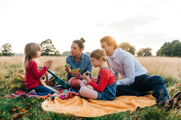 Family having food on picnic blanket at park