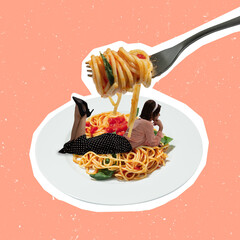 Contemporary art collage of woman lying into plate with delicious pasta isolated over peach background