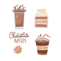 Set of chocolate milk. Choco milky with splash in full glass. Drink in a cardboard box and a cardboard cup with a straw Vector flat hand drawn illustration isolated on white.