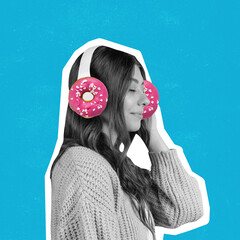Contemporary art collage of young cal woman listening to music in headphones with pink donuts...