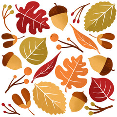 Illustration of autumn leaves, acorns and berries on white background in autumn colors